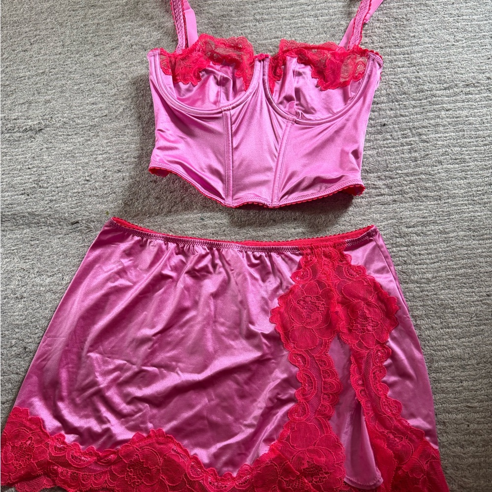 SKIMS Pink and Red Lace Chemise Set size Small